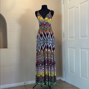 Boho Maxi Dress Colorful Tribal Print Sleeveless Summer Beach Womens L